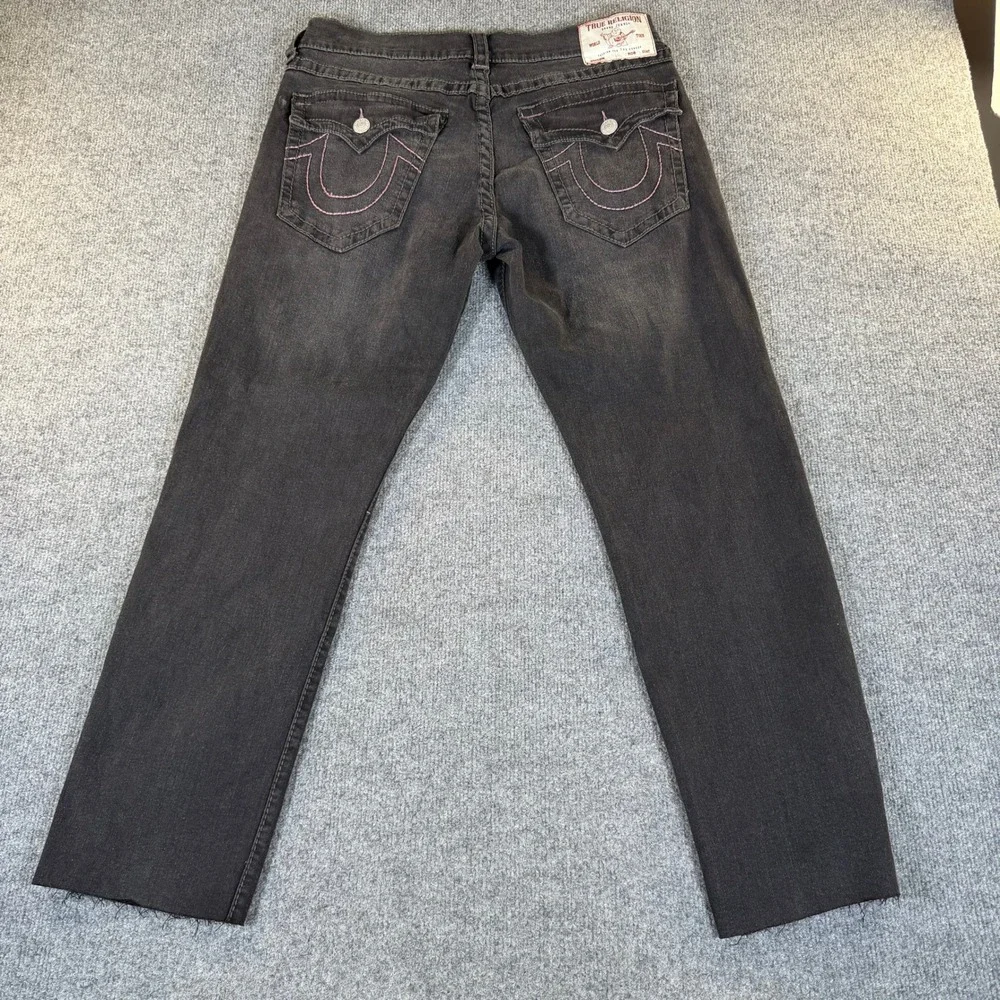 True Religion Geno Relaxed Slim Black Pink Big T Flap Jeans Men 33 Raw Hem #3937